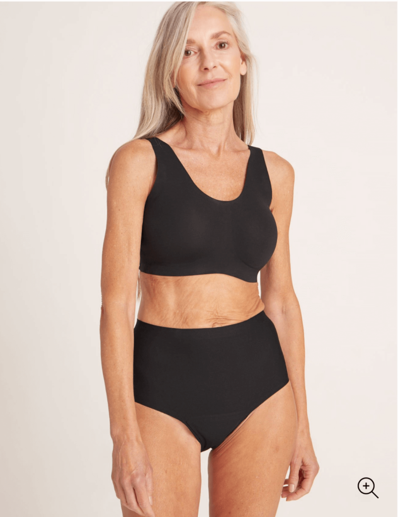 older woman wearing knix bra and knix period underwear