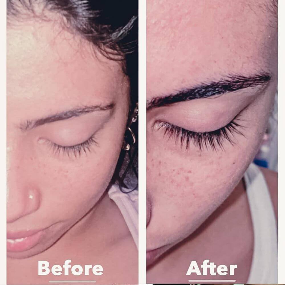 before and after of a young woman's eyelashes using Woolash