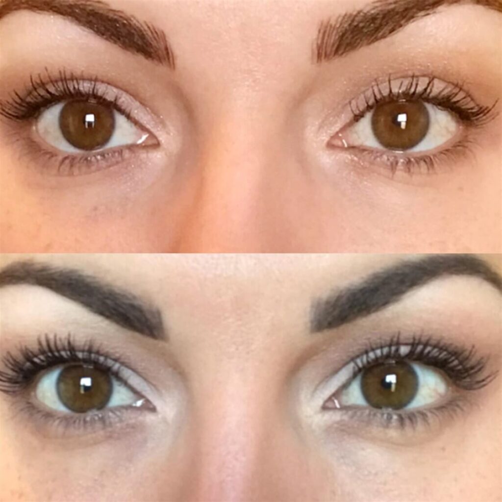 before and after of a young woman's eyelashes