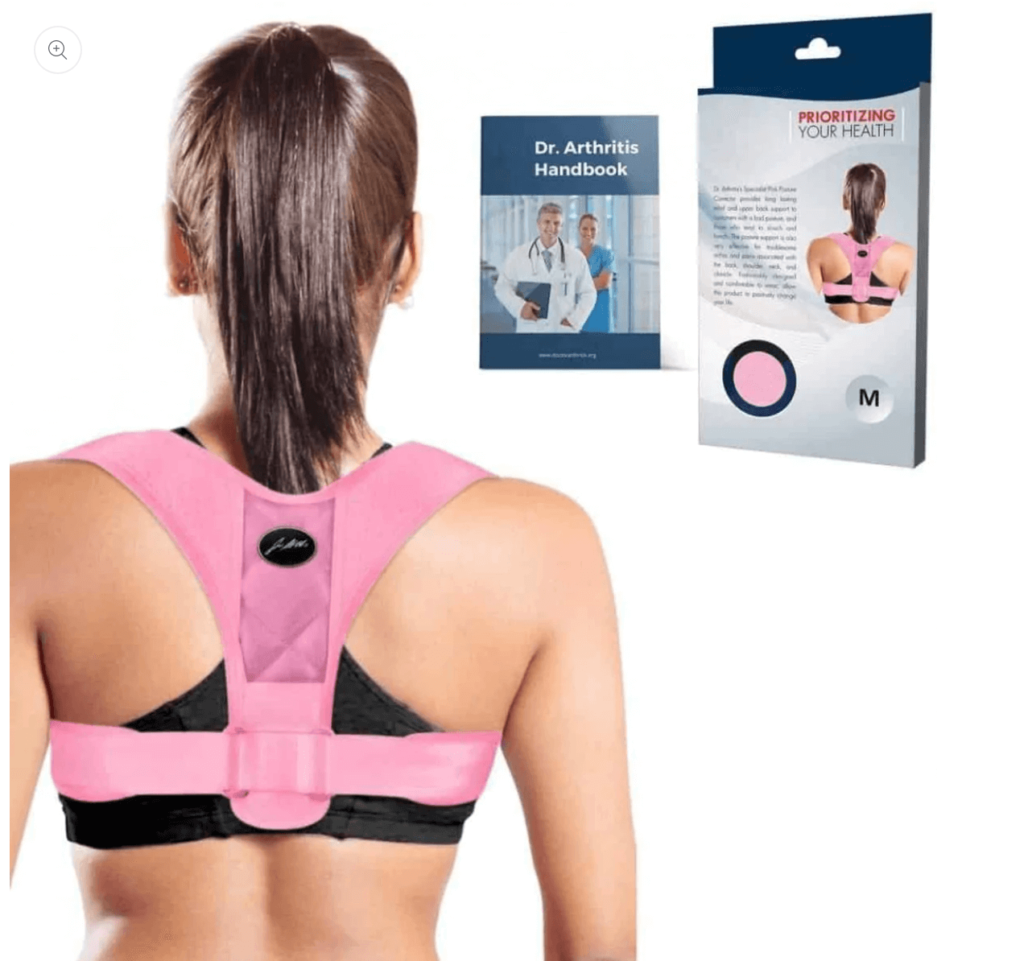 woman wearing a pink posture corrector